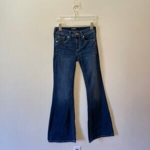 Express 27” Waist bell flare blue denim jeans embroidered swirl white stitch